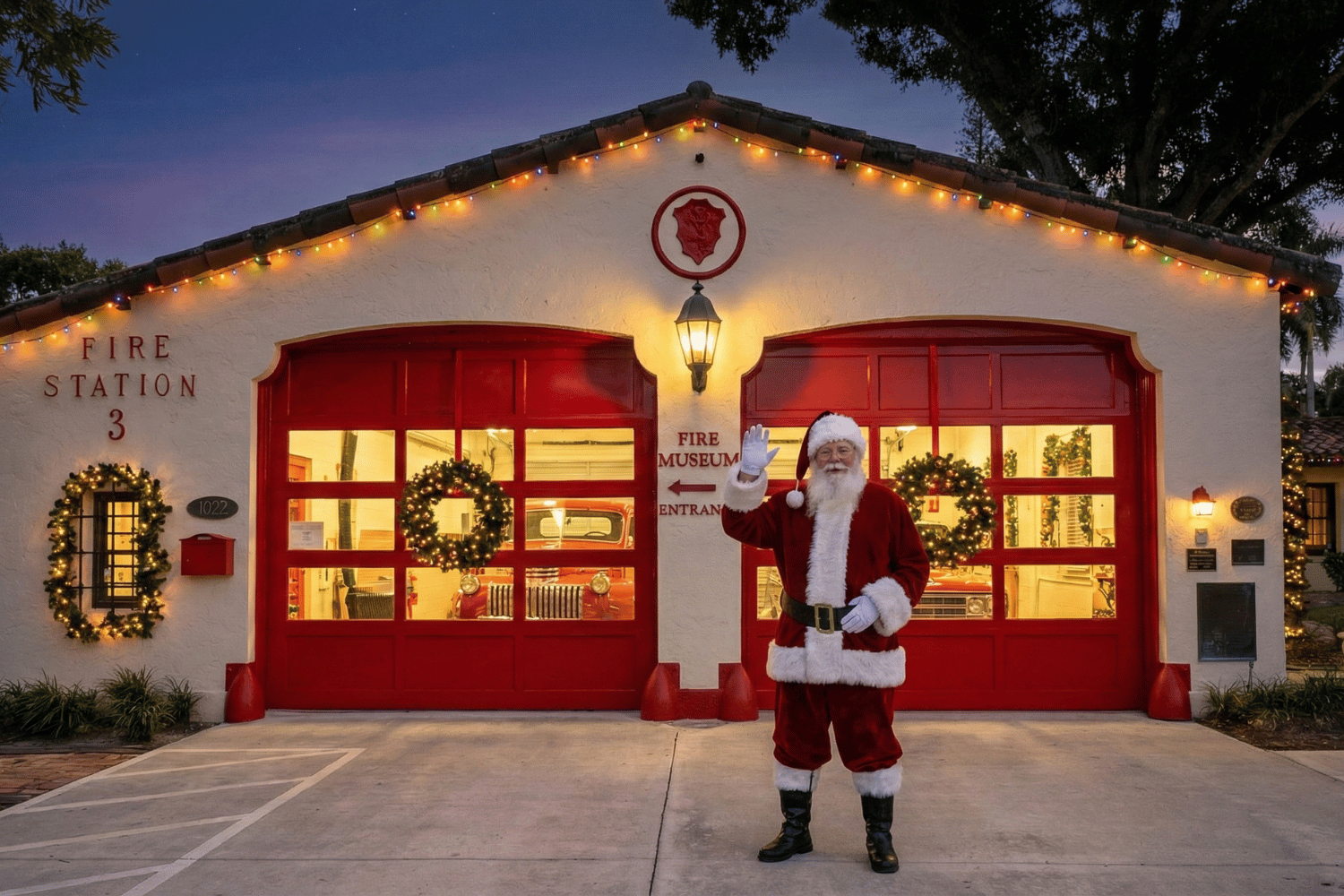 Santa Claus standing in front of the Fort Lauderdale Fire and Safety Museum