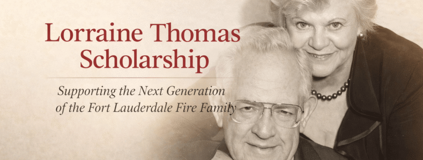 Black-and-white photograph of Lorraine and Dave Thomas, honored by the Fort Lauderdale Fire & Safety Museum through the Lorraine Thomas Scholarship supporting firefighter families.